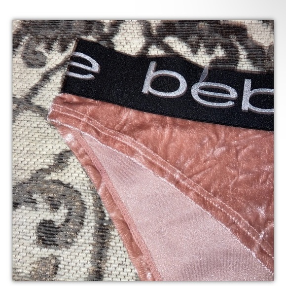 Vintage Y2K Bebe Pink crushed Velvet Signature Band Hi Cut Bikini Panties L New - Picture 5 of 6